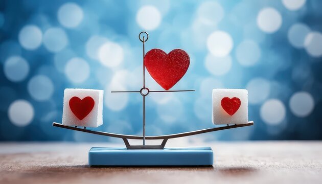 Balanced Love: A delicate balance of hearts on a scale, symbolizing the equal importance of love and affection.