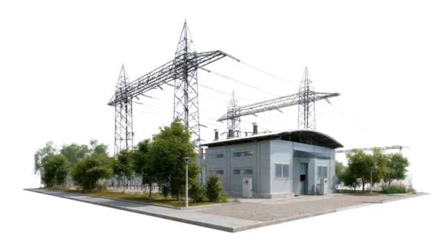 Power Transmission Station: An aerial view of a powerful electric power transmission station, featuring towering pylons and electrical transformers.