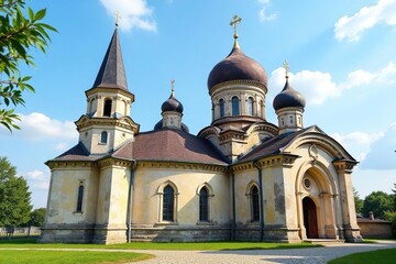Obraz premium Ornate Eastern European church exterior, weathered stone and onion domes, architecture, cross