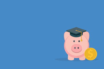 Graduation cost, expensive education, scholarship loan budget, education savings and investment concept. Piggy bank in flat design.