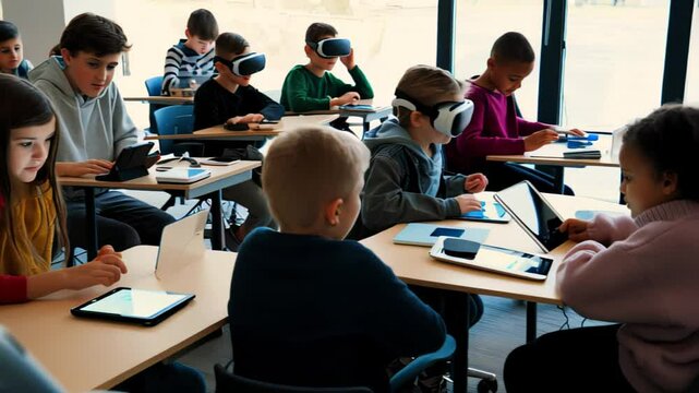 Digital classroom of young kids using tablets at desks; digital classroom engages eager minds, digital classroom shows future education. E-learning concept