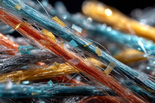 Intricate close-up of shimmering metallic threads in vivid shades of teal, copper, and gold creating a mesmerizing textile texture.