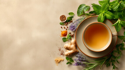 A banner with a cup of herbal tea, surrounded by fresh herbs and spices like mint, lavender, and ginger, set against a soft, natural background