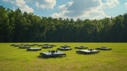 Drone charging station with solar-powered pads and autonomous drones in a renewable energy park