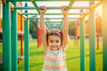 Obraz premium Little girl playing on monkey bars at an outdoor playground, enhancing motor skills and balance.