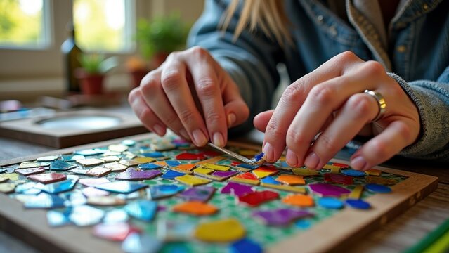 Female crafting colorful mosaic art with small tiles and precision tools in sunlit room