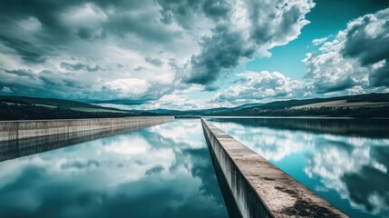 Fototapeta premium Hydroelectric dam reservoir reflecting cloudy skies, showing the contrast between water and mechanical infrastructure