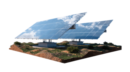 Solar Energy: A striking image captures two solar panels, harnessing the power of the sun, installed on a raised platform above the earth and grass.