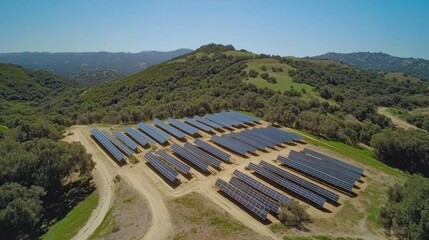 Long rows of solar panels on a gently rolling hillside, angled toward the afternoon sun