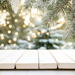 Festive winter scene with a snowy pine branch and a bright, blurred background of lights over a white wooden tabletop