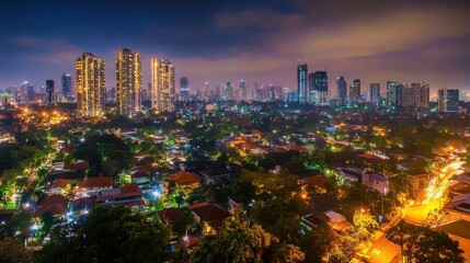 Obraz premium Nighttime city skyline illuminated by lights, with glowing windows representing energy consumption patterns