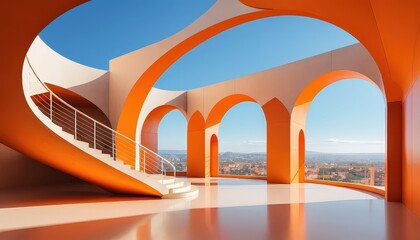 Fototapeta premium Architectural marvel: A breathtaking view from a modern orange and white building's rooftop terrace. The circular staircase adds a touch of elegance.