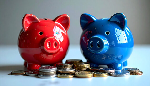Saving strategies for kids red and blue piggy banks coins indoor close-up financial literacy