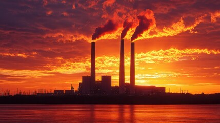 Power plant exhaust stacks backlit by a fiery orange sunset, casting long shadows over the industrial site