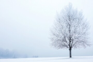 Serene winter landscape featuring a frosted tree in a foggy field with a tranquil atmosphere
