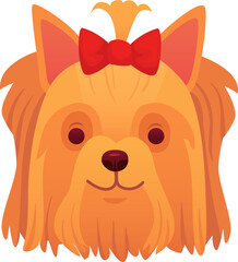 Yorkshire terrier sporting a vibrant red bow on its head, smiling joyfully, creating an irresistibly heartwarming and charming scene filled with cuteness and happiness