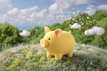 Yellow pig standing playfully on a grassy hill 