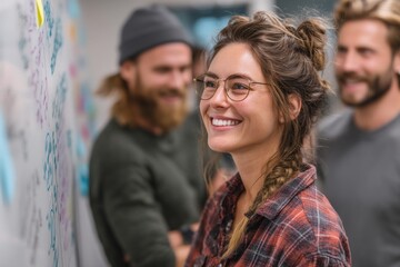 Fototapeta premium Smiling Woman Wearing Glasses and Plaid Shirt Stands Near Whiteboard with Bearded Men in a Business Meeting