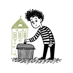 Hand-Drawn Doodle of a Boy Interacting with a Trash Bin