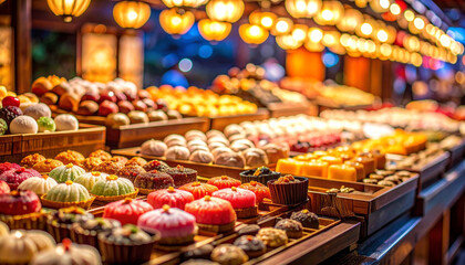Delicious pastries and sweets night market food photography vibrant atmosphere close-up indulgence