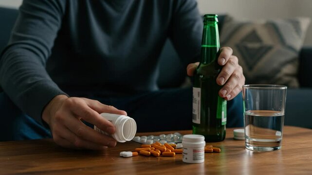 Person is pouring medication while holding a beer bottle, highlighting potential health risks - Powered by Adobe
