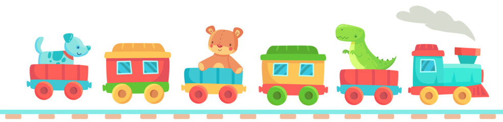 Cheerful toy train with colorful carriages carrying a dog, a teddy bear, and a dinosaur is chugging along the rails, bringing joy and imagination to playtime © Tartila