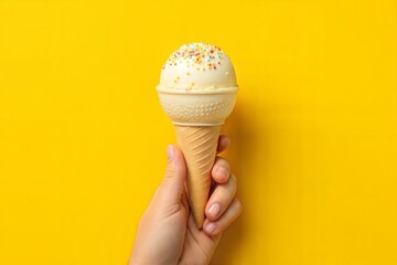 Hand holding vanilla ice cream with sugar decorations against a yellow background.