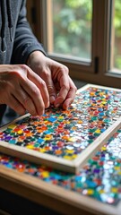 Fototapeta premium Caucasian male adult creating colorful glass mosaic art with hands by window