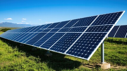 Solar panels on a desert solar farm stretching to the horizon, under a clear blue sky with mountains in the distance