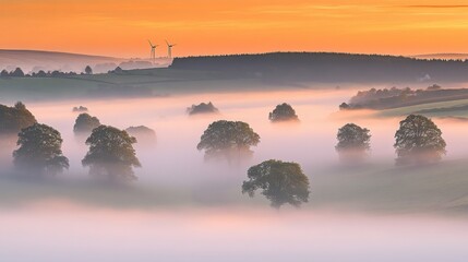 Wind turbines emerging from low-lying fog in an early morning countryside setting