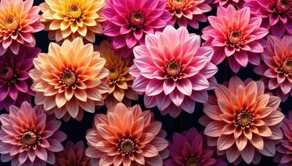 Obraz premium Intricate dahlia blooms, vibrant colors, repeating pattern, repeat, buds