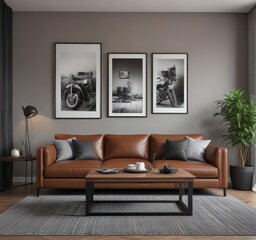 Chic contemporary living & dining area  Brown leather couch, dark wood table  Grey walls display black & white prints ,  grey walls, brown leather couch,  stylish furniture