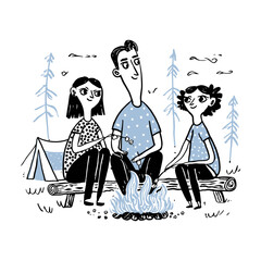 Obraz premium Playful Hand-Drawn Illustration of People Camping by a Fire