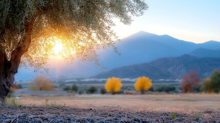 Serene landscape sunlight filtering through tree branches over fields, mountains