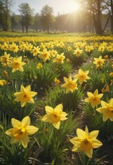 Fototapeta premium Golden daffodils burst forth in a vibrant spring meadow , cheerful, greenery, petal