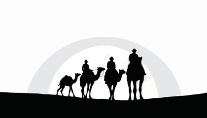 Silhouettes of riders on camels against sunset backdrop, adventure spirit