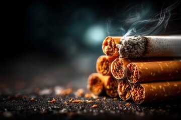 Close-up of a Stack of Unlit Cigarettes with One Burning, Smoke Rising Against a Dark Background