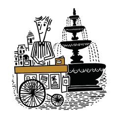Hand-drawn Illustration of a Vendor at a Fountain in a Park