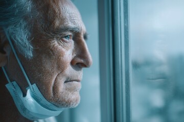 Pensive Older Adult with Face Mask Gaze Reflecting Through the Window Indoor Amid Health Crisis.