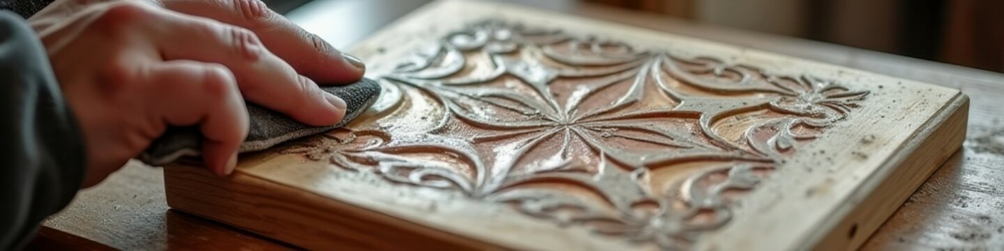 Caucasian male artisan carving intricate wood design on decorative panel