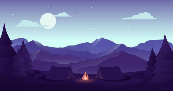 Peaceful Night Camping Animation with Tent, Fire, and Stars