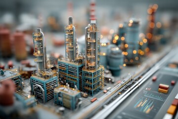 Detailed model industrial facility with pipelines, tanks, towers, and control panel displaying graphs and charts for plant management