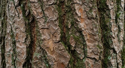 Obraz premium Detailed close up of textured tree bark with rough ridges, deep fissures, and earth tone variations. Moss accents the barks natural patterns.