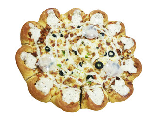 Pizza with kabab filling and with heavy loaded cheese isolated on the white background