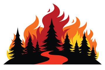 Red flames engulf black silhouette of evergreen trees and path on a transparent background