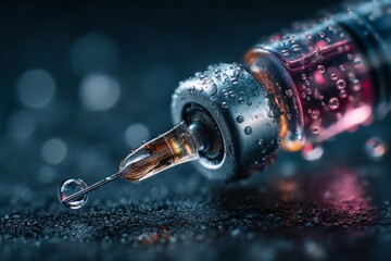 Close-up of a syringe filled with liquid, showcasing a droplet at the needle's tip against a textured, moody backdrop