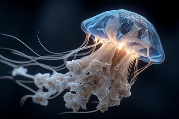 Translucent Jellyfish Floating in Dark Water with Bioluminescence Glow, Deep Sea Marine Creature