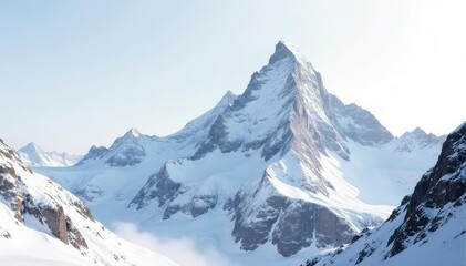 Snow covered mountain peak, bright white background, serene, cold, outdoor