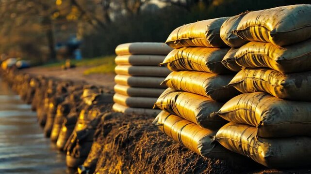 This video showcases sandbags placed along a riverbank at sunset. It symbolizes flood protection efforts and environmental safety. Perfect for nature and safety projects. Generative AI