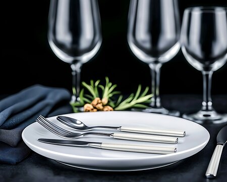 Set dining table Plate, cutlery, glasses, cloth napkin Fine dining elegance